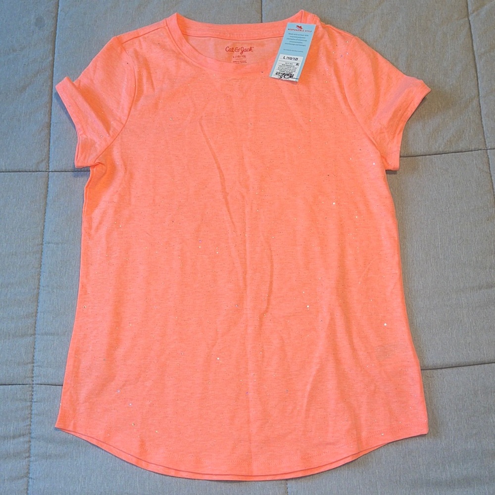 Cat & Jack Neon Peach glitter t shirt Large 10-12